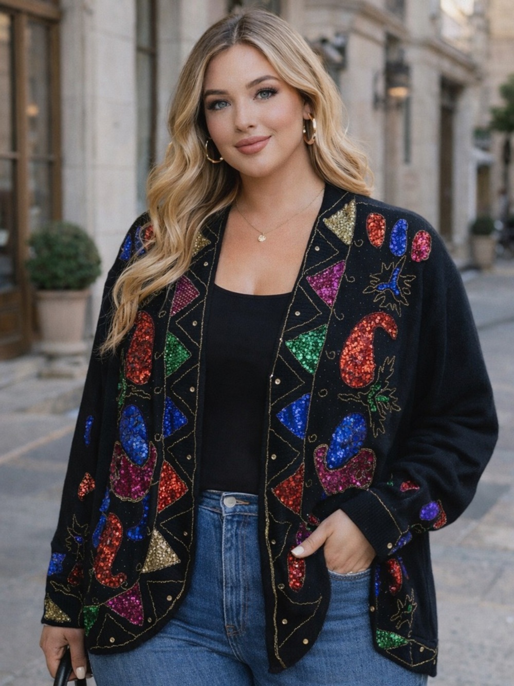 Diana Marco Sequin Cardigan Black‎ Angora Silk Blend Open Front Statement Jacket